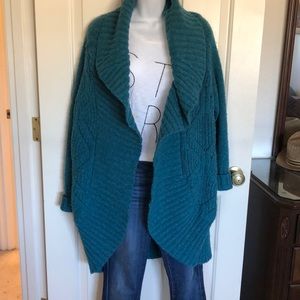Chunky aqua blue merino wool cardigan sweater M/L